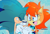 Size: 1394x950 | Tagged: safe, artist:risziarts, sally acorn, sonic the hedgehog, chipmunk, hedgehog, 2024, archie sonic the hedgehog, duo, eyes closed, female, happy, holding hands, looking at each other, male, open mouth, sally x sonic, sally's ringblader outfit, shipping, smile, straight