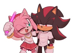 Size: 1327x972 | Tagged: safe, artist:toonsite, amy rose, shadow the hedgehog, hedgehog, 2023, amy x shadow, clothes, duo, english text, female, glowstick, hand on another's shoulder, holding something, looking at each other, male, necklace, shipping, shirt, simple background, skirt, straight, white background, wink