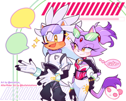 Size: 1280x1024 | Tagged: safe, artist:einelitas, blaze the cat, silver the hedgehog, cat, hedgehog, 2024, alternate universe, au:after riders, blushing, building, clothes, dialogue, duo, english text, fully clothed, glasses, heart, riders outfit, shipping, silvaze, sparkles, speech bubble, straight, talking, walking