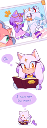 Size: 1131x3072 | Tagged: safe, artist:einelitas, amy rose, blaze the cat, silver the hedgehog, oc, oc:nymph the cat (einelitas), cat, hedgehog, 2024, beach, blushing, book, comic, dialogue, english text, fankid, food, holding something, parent:blaze, parent:silver, parents:silvaze, photo, photo album, popsicle, speech bubble