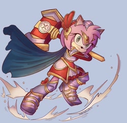 Size: 1024x996 | Tagged: safe, artist:homahowi, amy rose, hedgehog, sonic and the black knight, 2022, blue background, cape, female, fight, holding something, looking at viewer, paladin amy, simple background, solo, weapon