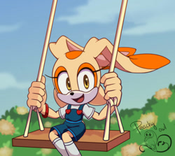 Size: 673x600 | Tagged: safe, artist:peachyowlart, cream the rabbit, rabbit, alternate outfit, cottagecore, creamabetes, cute, daytime, female, flower, looking at viewer, mouth open, open smile, outdoors, overalls, signature, sitting, smile, smiling at viewer, solo, swing