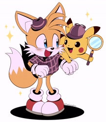 Size: 1775x2048 | Tagged: safe, artist:thegaminggoru, miles "tails" prower, fox, the murder of sonic the hedgehog, crossover, detective pikachu, duo, gloves, hat, looking at each other, magnifying glass, male, pikachu, pokemon, shoes, standing