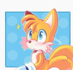 Size: 626x600 | Tagged: safe, artist:anouckyshim, miles "tails" prower, fox, abstract background, cute, emanata, eye clipping through hair, frown, looking offscreen, male, outline, solo, tailabetes