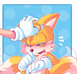 Size: 626x600 | Tagged: safe, artist:anouckyshim, miles "tails" prower, sonic the hedgehog, fox, abstract background, blushing, cute, duo, emanata, eye clipping through hair, eyes closed, gloves, male, offscreen character, open mouth, open smile, outline, smile, solo focus, tailabetes, wagging tail