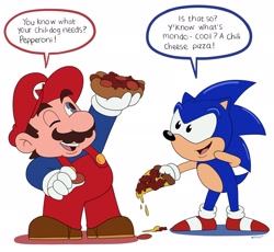 Size: 2048x1883 | Tagged: safe, artist:domestic maid, sonic the hedgehog, hedgehog, human, adventures of sonic the hedgehog, chili dog, classic sonic, crossover, dialogue, duo, gloves, male, mario, pizza, sausage, shoes