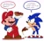 Size: 2048x1883 | Tagged: safe, artist:domestic maid, sonic the hedgehog, hedgehog, human, adventures of sonic the hedgehog, chili dog, classic sonic, crossover, dialogue, duo, gloves, male, mario, pizza, sausage, shoes, super mario bros., the super mario bros. super show!