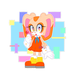 Size: 1037x1020 | Tagged: safe, artist:qtcream, cream the rabbit, rabbit, abstract background, candy, dress, female, holding something, lollipop, looking at viewer, outline, shoes, solo, standing, tongue out, white outline