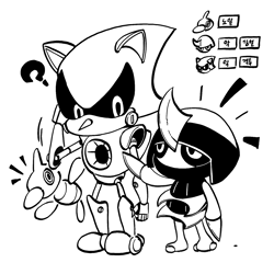 Size: 1440x1440 | Tagged: safe, artist:66kuya99, metal sonic, 2026, crossover, greyscale, korean text, looking at each other, looking at them, monochrome, pawniard, pokemon, porygon-z, question mark, robot, simple background, standing, trio, white background