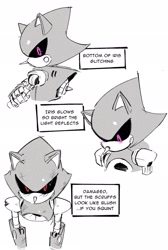 Size: 1380x2048 | Tagged: safe, artist:7656y, metal sonic, blushing, english text, greyscale, monochrome, robot, simple background, solo, spot color, white background