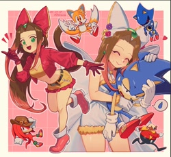 Size: 918x842 | Tagged: safe, artist:tanukiracoon427, knuckles the echidna, metal sonic, miles "tails" prower, robotnik, sonic the hedgehog, human, sonic the ova, 2026, border, classic knuckles, classic robotnik, classic sonic, classic tails, eyes closed, group, heart, holding them, knuckles' hat, mouth open, pink background, robot, sara, simple background, smile, standing, v sign