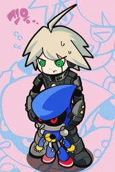 Size: 1000x1500 | Tagged: safe, artist:66kuya99, metal sonic, 2025, crossover, danganronpa, duo, hands on another's head, looking at them, robot, standing