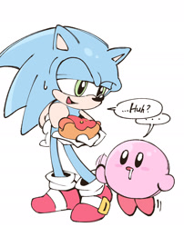 Size: 1515x1876 | Tagged: safe, artist:66kuya99, sonic the hedgehog, 2025, chili dog, crossover, drooling, duo, english text, food, holding something, kirby, lidded eyes, looking at each other, looking at them, simple background, speech bubble, standing, white background
