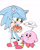 Size: 1515x1876 | Tagged: safe, artist:66kuya99, sonic the hedgehog, 2025, chili dog, crossover, drooling, duo, english text, food, holding something, kirby, kirby (series), lidded eyes, looking at each other, looking at them, simple background, speech bubble, standing, white background