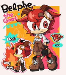 Size: 2048x2302 | Tagged: safe, artist:66kuya99, oc, oc:belphe the goat, goat, 2025, abstract background, border, character name, goggles, goggles on head, korean text, oc only, orange background, simple background, solo, standing, text