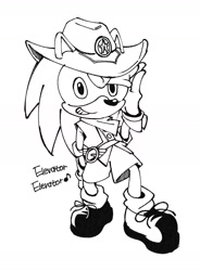 Size: 1044x1417 | Tagged: safe, artist:66kuya99, sonic the hedgehog, 2025, clothes, cowboy hat, english text, greyscale, grin, hat, lidded eyes, looking at viewer, monochrome, simple background, smile, smiling at viewer, solo, standing, white background