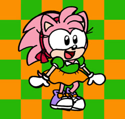 Size: 915x873 | Tagged: safe, artist:captainquack64, amy rose, hedgehog, checkered background, classic amy, female, gloves, looking offscreen, open mouth, open smile, shoes, skirt, smile, solo, standing