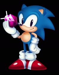 Size: 1478x1868 | Tagged: safe, artist:clarissa_arts, sonic the hedgehog, hedgehog, black background, classic sonic, gem, gloves, holding something, looking at viewer, male, shoes, simple background, smile, smiling at viewer, solo, standing