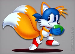 Size: 1840x1336 | Tagged: safe, artist:clarissa_arts, miles "tails" prower, fox, classic tails, dora the explorer, gem, grey background, holding something, male, mask, simple background, smile, solo, swiper, watermark