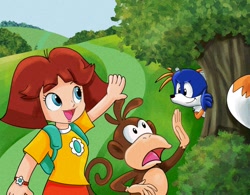Size: 2068x1615 | Tagged: safe, artist:clarissa_arts, miles "tails" prower, fox, human, monkey, boots the monkey, crossover, daytime, dora the explorer, eyebrow clipping through hair, female, hill, male, mask, outdoors, swiper, tree, trio