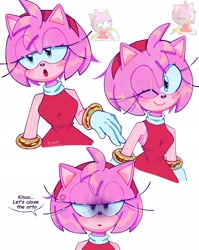 Size: 1629x2048 | Tagged: safe, artist:lyxzth_, amy rose, cross popping vein, dialogue, eye clipping through hair, lidded eyes, simple background, solo, speech bubble, white background, wink