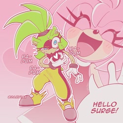 Size: 2000x2000 | Tagged: safe, artist:damyrax, amy rose, surge the tenrec, dialogue, duo, gradient background, heart, outline, pink background, shipping, speech bubble, surgamy, white outline