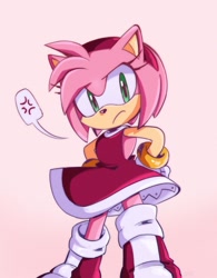 Size: 1418x1816 | Tagged: safe, artist:beeames, amy rose, amy's halterneck dress, cross popping vein, frown, gradient background, hands on hips, pink background, solo, speech bubble