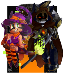 Size: 1024x1208 | Tagged: safe, artist:galaxynite, nicole the hololynx, shard the metal, lynx, 2016, broom, clothes, costume, duo, female, grim reaper, grin, halloween, holding something, hololynx, looking at viewer, male, nicole x shard, pose, robot, scythe, shipping, sitting, smile, straight, weapon, witch broom, witch outfit