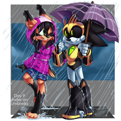 Size: 1200x1200 | Tagged: safe, artist:galaxynite, nicole the hololynx, shard the metal, lynx, 2017, alternate outfit, clouds, duo, english text, female, holding hands, holding something, hololynx, looking at each other, male, nicole x shard, rain, raincoat, robot, shipping, shorts, smile, straight, umbrella, walking