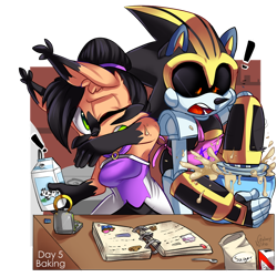 Size: 1024x1024 | Tagged: safe, artist:galaxynite, nicole the handheld, nicole the hololynx, shard the metal, lynx, 2017, baking, book, bowl, cooking, duo, english text, exclamation mark, female, holding something, hololynx, kitchen, male, milk, mixing, nicole x shard, robot, shipping, spoon, straight, sugar