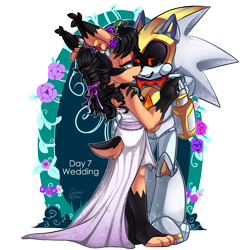 Size: 1200x1200 | Tagged: safe, artist:galaxynite, nicole the hololynx, shard the metal, lynx, 2017, alternate outfit, bowtie, clothes, duo, english text, female, flower, hololynx, looking at each other, male, nicole x shard, plant, robot, shipping, straight, tears, tears of happiness, wedding, wedding dress