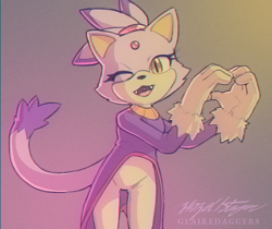 Size: 798x669 | Tagged: safe, artist:glairedaggers, blaze the cat, cat, blazebetes, cute, dress, female, gloves, open mouth, open smile, signature, smile, smiling at viewer, solo, wink, winking at viewer