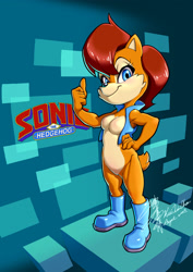 Size: 1614x2283 | Tagged: safe, artist:kuirin1990, sally acorn, chipmunk, hybrid, squirrel, blushing, boots, breasts, featureless breasts, female, logo, looking at viewer, signature, smile, smiling at viewer, solo, thumbs up, vest