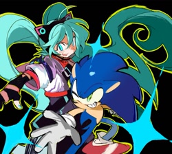 Size: 1139x1021 | Tagged: safe, artist:szgw48, sonic the hedgehog, human, 2025, black background, crossover, duo, grin, hatsune miku, simple background, smile, vocaloid, wink