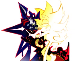 Size: 1308x1056 | Tagged: safe, artist:szgw48, metal sonic, neo metal sonic, sonic the hedgehog, super sonic, 2025, duo, eyes closed, gay, hugging, metonic, mouth open, robot, shipping, simple background, smile, super form, white background