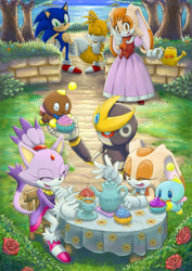 Size: 2150x3035 | Tagged: safe, artist:nenikat, blaze the cat, cheese (chao), chocola (chao), cream the rabbit, gemerl, miles "tails" prower, sonic the hedgehog, vanilla the rabbit, cat, chao, fox, hedgehog, rabbit, blazebetes, cheeseabetes, chocolabetes, creamabetes, cupcake, cute, dress, eyes closed, female, male, open mouth, open smile, robot, smile, sonabetes, tailabetes, tea, tea party, teacup, teapot, tree, vanillabetes, watering can