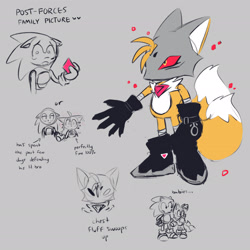 Size: 2048x2048 | Tagged: safe, artist:0vergrowngraveyard, miles "tails" prower, sonic the hedgehog, sonic forces, 2026, alignment swap, alternate universe, arrow, au:phantom ruby-ied tails, digital static, duo, english text, flat colors, frown, grey background, infinite tails, infinite's mask, line art, phantom ruby, simple background, spot color, text