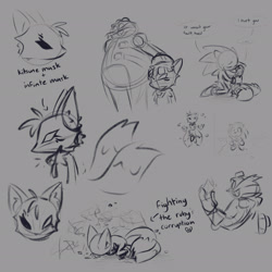 Size: 2048x2048 | Tagged: safe, artist:0vergrowngraveyard, miles "tails" prower, robotnik, sonic the hedgehog, human, sonic forces, 2026, alignment swap, alternate universe, arrow, au:phantom ruby-ied tails, dialogue, english text, grey background, hugging, infinite tails, infinite's mask, line art, phantom ruby, simple background, sketch, speech bubble, text, trio