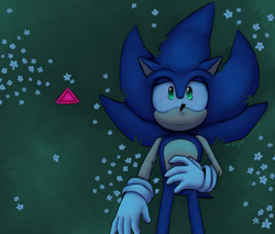 Size: 2048x1745 | Tagged: safe, artist:0vergrowngraveyard, sonic the hedgehog, sonic forces, alternate universe, alternate version, au:phantom ruby-ied tails, flower, grass, hand on stomach, looking up, lying down, nighttime, outdoors, phantom ruby, solo
