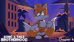 Size: 1920x1080 | Tagged: safe, artist:lukethecomposer, miles "tails" prower, 2026, abstract background, building, clenched fists, clouds, english text, fire, frown, looking offscreen, outdoors, palm tree, shivering, solo, sonic and tails: brotherhood, standing, sweatdrop, text, tree