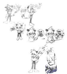 Size: 1326x1469 | Tagged: safe, artist:lilhomoj, mimic the octopus, tangle the lemur, wisp, 2026, flying, frown, line art, mid-air, monochrome, sketch, smile, standing, tail hand, tail hold, trio