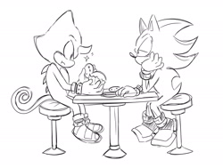 Size: 2029x1537 | Tagged: safe, artist:pastafrolas, espio the chameleon, shadow the hedgehog, chair, cookie, cupcake, date, duo, eating, food, gay, line art, shadpio, shipping, simple background, sitting, sparkles, stool, table, white background