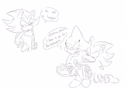 Size: 2035x1492 | Tagged: safe, artist:pastafrolas, espio the chameleon, shadow the hedgehog, dialogue, duo, english text, gay, hugging, line art, monochrome, shadpio, shipping, speech bubble, text