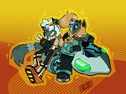 Size: 2048x1536 | Tagged: safe, artist:kasinspats, tangle the lemur, whisper the wolf, lemur, wolf, 2026, backwards v sign, duo, extreme gear, female, goggles, outline, pose, riders outfit, riding, smile, sonic racing crossworlds, v sign, vehicle, wink
