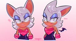 Size: 1024x551 | Tagged: safe, artist:lolaluflores, rouge the bat, ..., 2026, clenched teeth, duality, frown, gradient background, lidded eyes, looking at viewer, solo