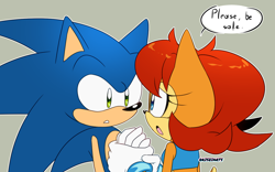 Size: 1440x900 | Tagged: safe, artist:risziarts, sally acorn, sonic the hedgehog, chipmunk, hedgehog, 2023, dialogue, duo, english text, female, grey background, holding another's hand, looking at each other, male, sally x sonic, sally's ringblader outfit, shipping, simple background, speech bubble, straight