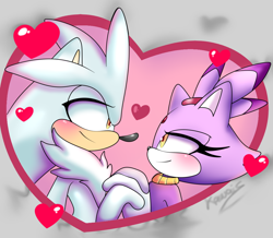 Size: 1058x924 | Tagged: safe, artist:kawaifairies, blaze the cat, silver the hedgehog, cat, hedgehog, 2026, blaze x silver, duo, female, heart, holding hands, looking offscreen, male, shipping, smile, smiling at each other, straight