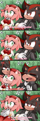 Size: 1221x3640 | Tagged: safe, artist:scruffiberri, amy rose, shadow the hedgehog, hedgehog, 2026, amy x shadow, blushing, clothes, comic, dialogue, dress, duo, english text, female, flower, fully clothed, funny, grass, lying down, male, shipping, shirt, speech bubble, straight, sweatdrop