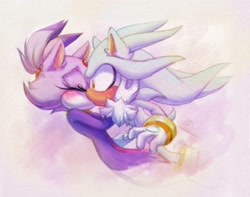 Size: 1706x1345 | Tagged: safe, artist:sn0wyangel, blaze the cat, silver the hedgehog, cat, hedgehog, 2023, abstract background, blaze x silver, blushing, duo, female, hands on another's head, kiss, male, shipping, straight, surprised