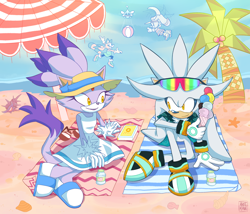 Size: 2800x2400 | Tagged: safe, artist:aretmaw, blaze the cat, cheese (chao), cream the rabbit, marine the raccoon, silver the hedgehog, cat, chao, hedgehog, rabbit, raccoon, 2025, alternate outfit, ball, beach, blaze x silver, child, clothes, daytime, dress, dropping object, duo focus, female, food, glasses, group, hat, holding something, ice cream, jumping, looking at viewer, male, mid-air, palm tree, playing, shell, shipping, shirt, sitting, starfish, straight, sun hat, sunglasses, tree, umbrella, volleyball